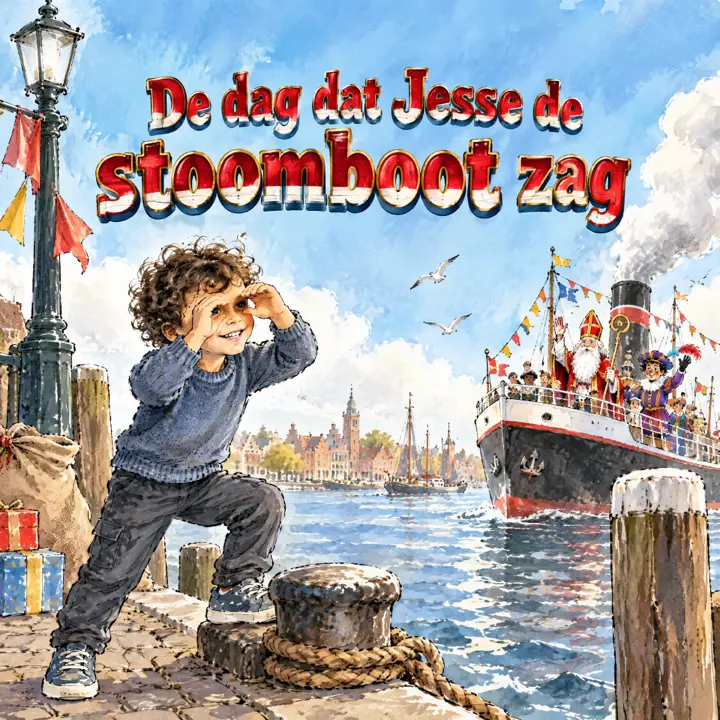 Kaft "De dag dat Jesse de stoomboot zag": een jongen met donkere krullen tuurt door zijn handen naar de stoomboot in de haven.