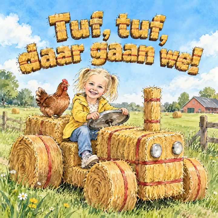 Kaft "Tuf, tuf, daar gaan we!": een meisje met blonde staartjes en een gele jas zit achter het stuur van een tractor van strobalen, met een kip naast zich.