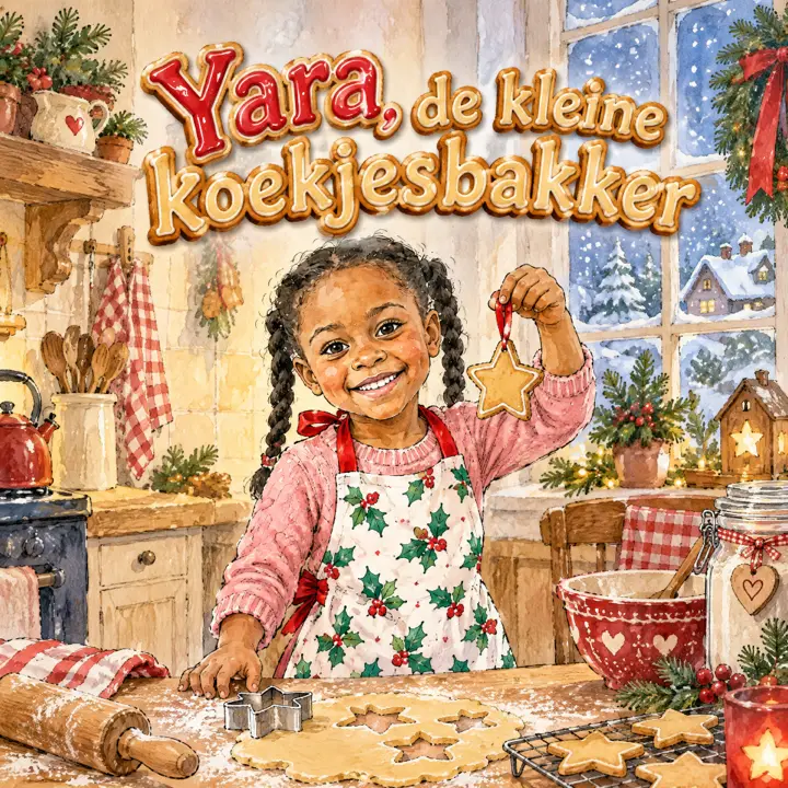 Kaft "Yara, de kleine koekjesbakker": een meisje met vlechtjes en een kerstschort houdt een stervormig koekje omhoog in een warme keuken.