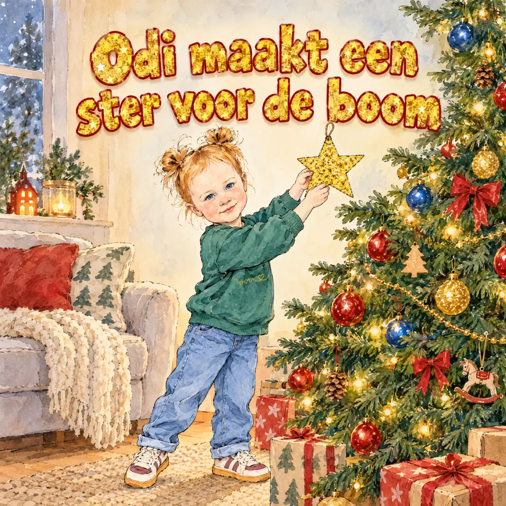 Kaft "Odi maakt een ster voor de boom": een meisje met rode staartjes en een groene trui hangt een gouden ster in de kerstboom.