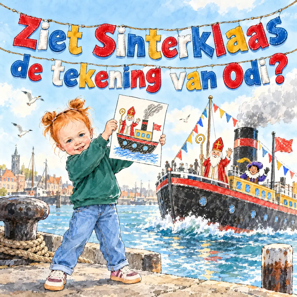 Kaft "Ziet Sinterklaas de tekening van Odi?": een meisje met rode staartjes houdt op de kade haar tekening van de stoomboot omhoog, terwijl de stoomboot van Sinterklaas aankomt.