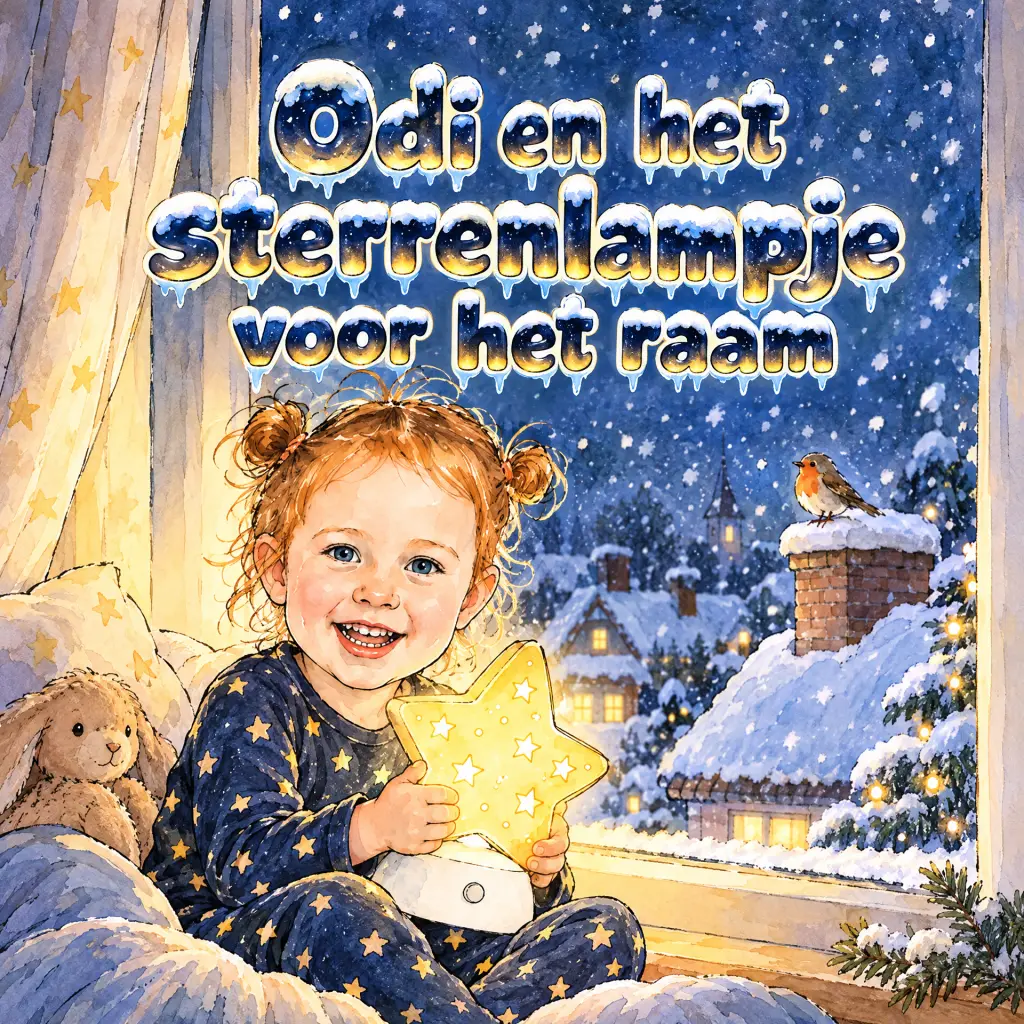 Kaft van het voorbeeldboekje "Odi en het sterrenlampje voor het raam": een meisje met rode staartjes in een sterrenpyjama houdt een sterlampje vast bij een raam vol sneeuw.