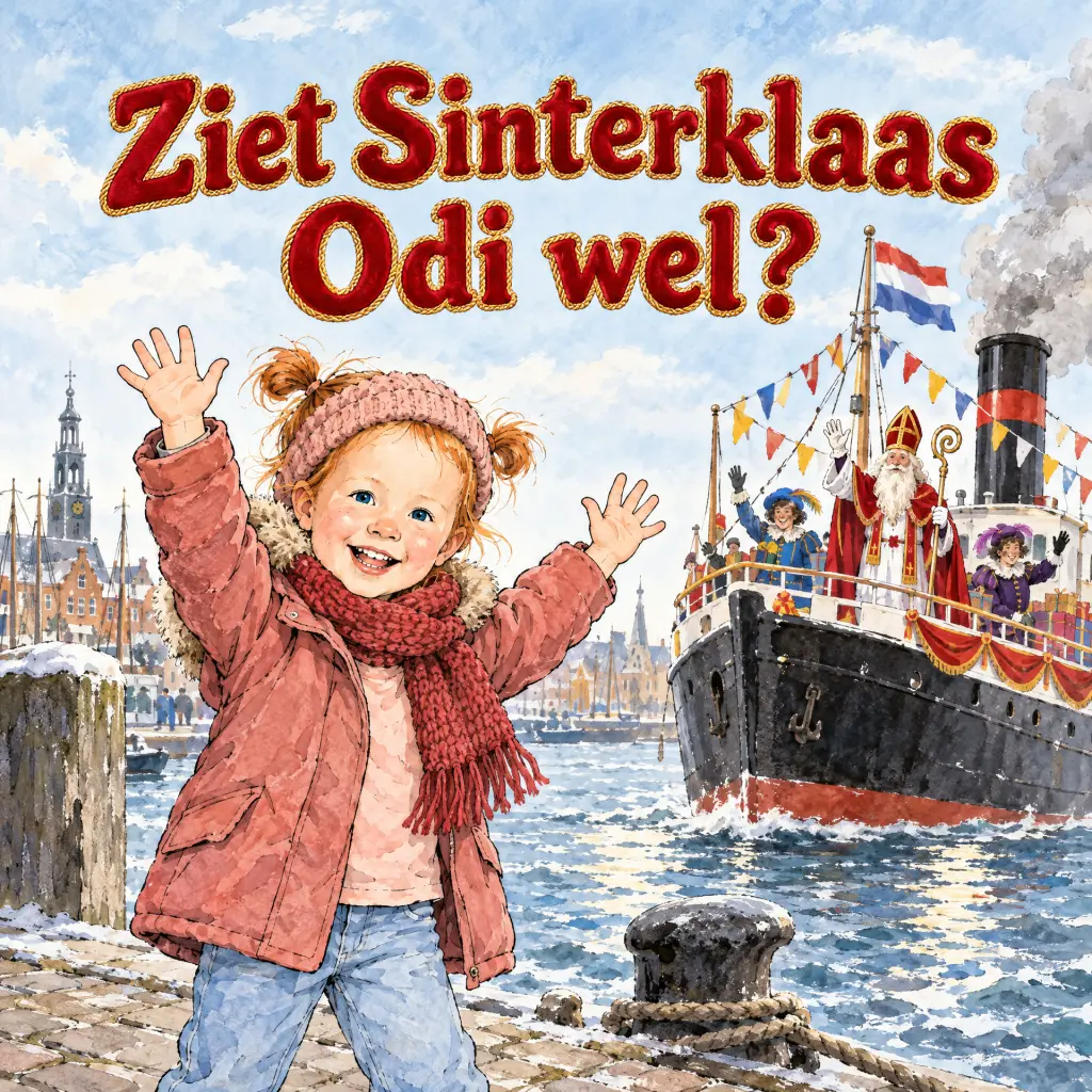 Kaft van het voorbeeldboekje "Ziet Sinterklaas Odi wel?": een meisje met rode staartjes, een roze haarband en een rode sjaal zwaait op de kade naar de stoomboot van Sinterklaas.