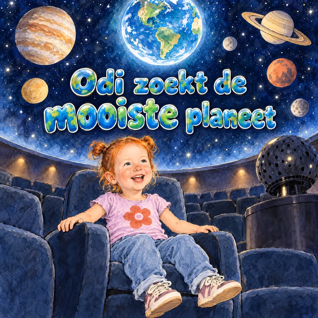 Kaft van het voorbeeldboekje "Odi zoekt de mooiste planeet": een lachend meisje met rode staartjes zit in een stoel van het planetarium onder een hemel vol planeten.