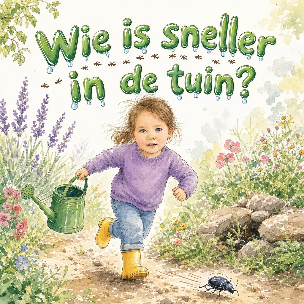 Kaft "Wie is sneller in de tuin?": een meisje in een paarse trui en gele laarsjes rent met een gieter door de tuin, achter een kever aan.